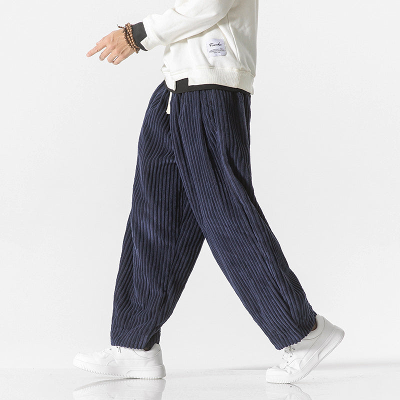 Pantalon Homme En Velours Côtelé À Jambe Large Avec Taille Élastique Et Coupe Décontractée En Coton