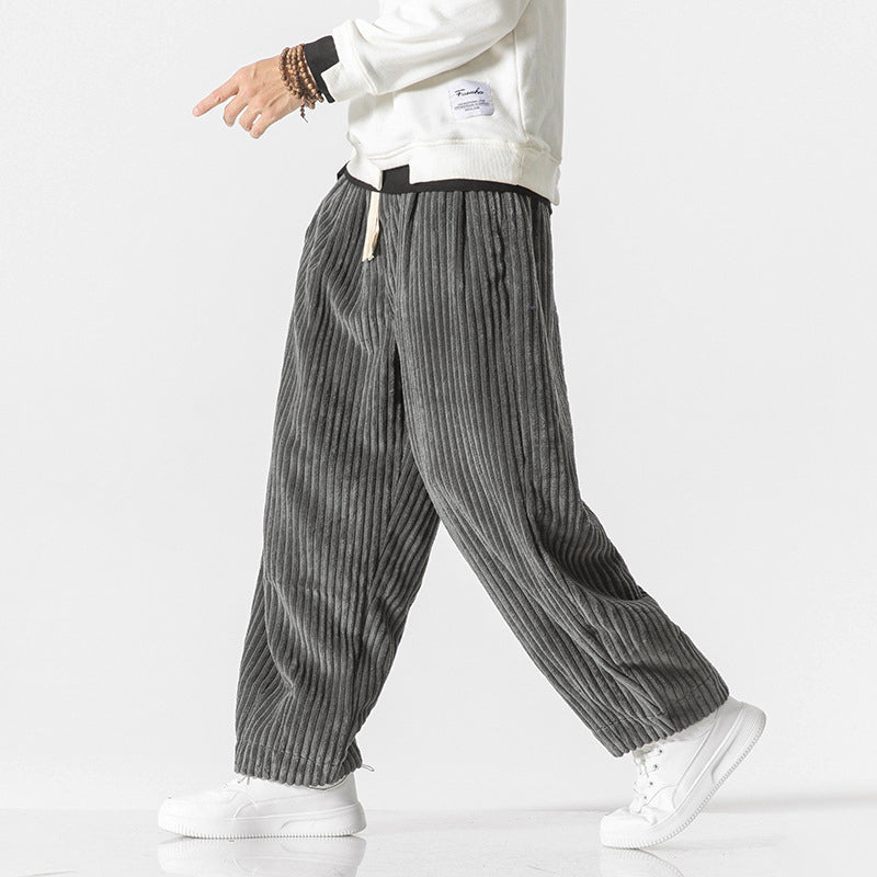 Pantalon Homme En Velours Côtelé À Jambe Large Avec Taille Élastique Et Coupe Décontractée En Coton