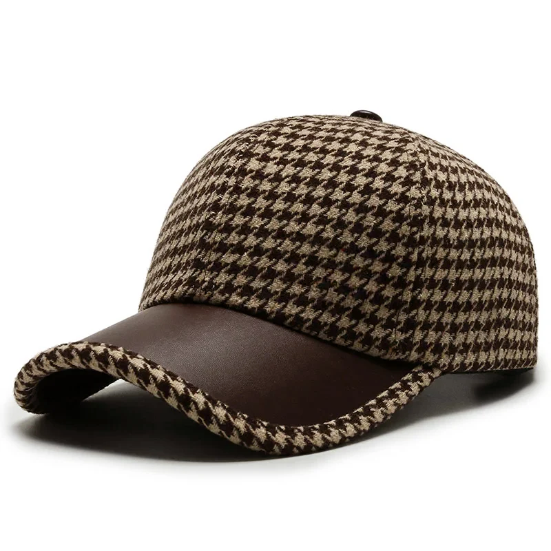 Casquette Homme Pied-De-Poule Avec Visière Faux Cuir Deux Textures Arrière Réglable Couronne Structurée Pour Quotidien