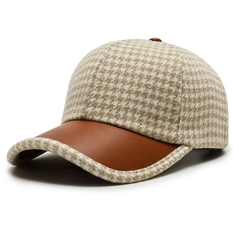 Casquette Homme Pied-De-Poule Avec Visière Faux Cuir Deux Textures Arrière Réglable Couronne Structurée Pour Quotidien
