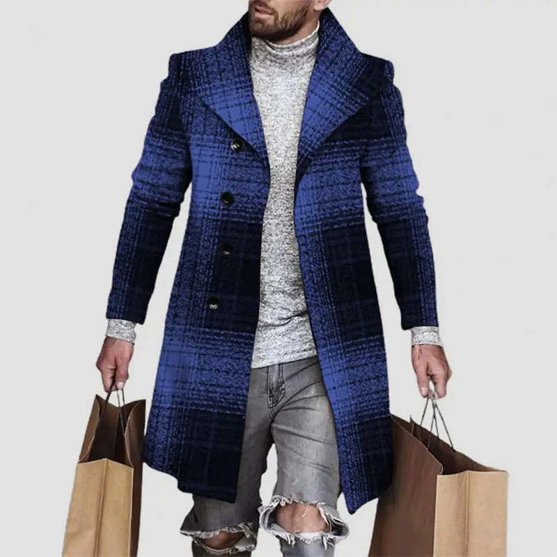 Manteau Long Pour Homme À Carreaux Revers Cranté Boutonné Hiver Élégant Et Classique Amawinc