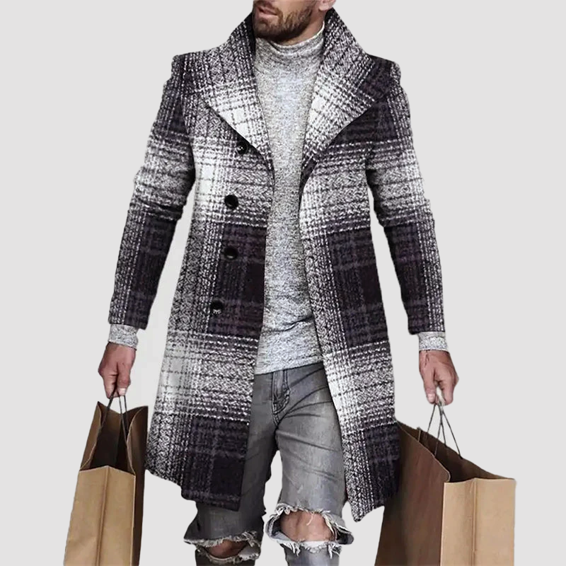 Manteau Long Pour Homme À Carreaux Revers Cranté Boutonné Hiver Élégant Et Classique Amawinc