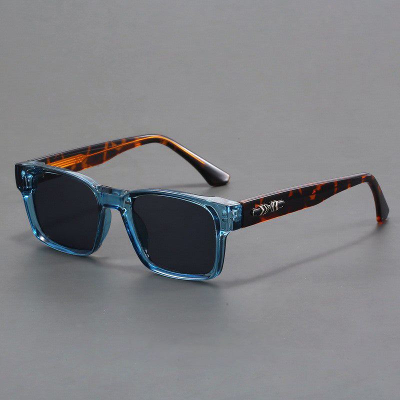 Lunettes De Soleil Pour Homme Rectangulaires Style Urbain Cadre Noir Bleu Verres Gris UV400 Modernes