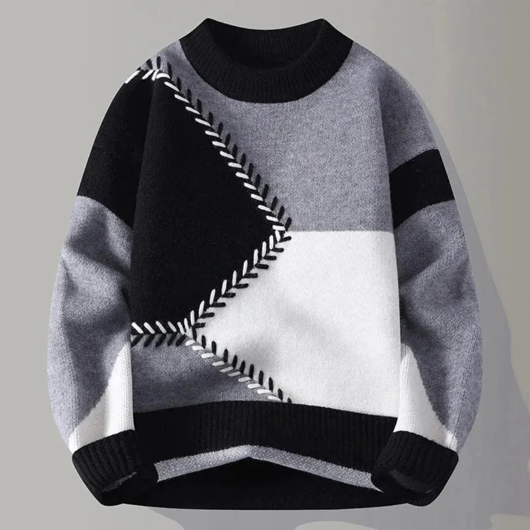 Pull Homme En Maille Bloc Couleur Géométrique Avec Couture Contrastée Premium Chaud Et Décontracté