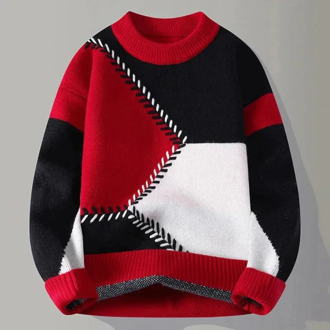 Pull Homme En Maille Bloc Couleur Géométrique Avec Couture Contrastée Premium Chaud Et Décontracté