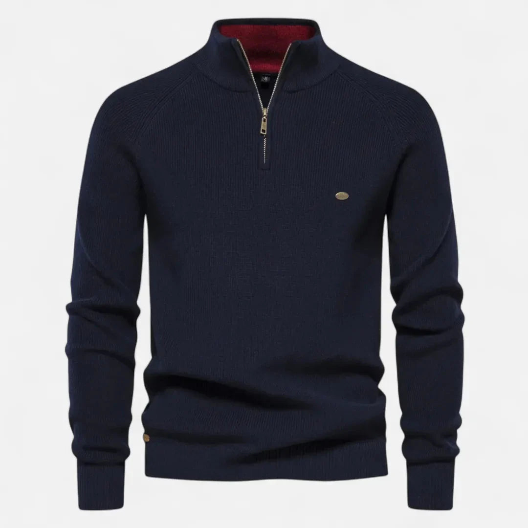 Waylynn Pull Homme en Maille de Coton Demi Zip Col Debout Texture Côtelée Indispensable du Quotidien