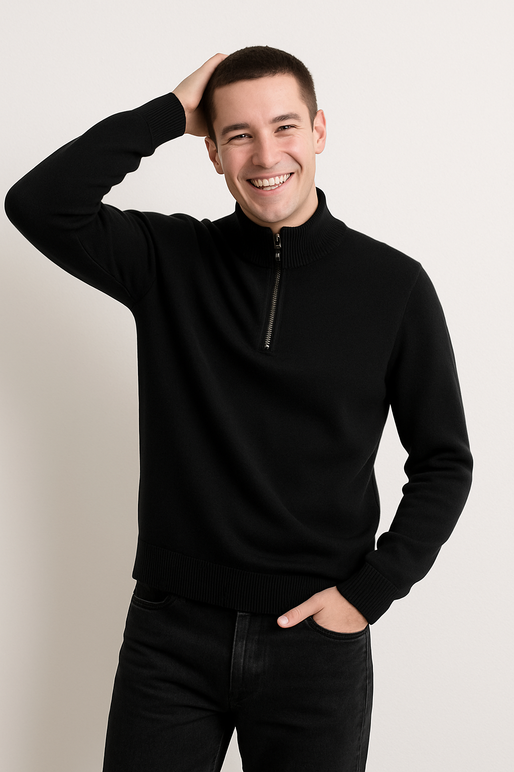 Sweatshirt Homme À Demi Zip En Laine Mélangée, Coupe Regular, Ourlets Côtelés, Doux et Chaud Pour Temps Froids