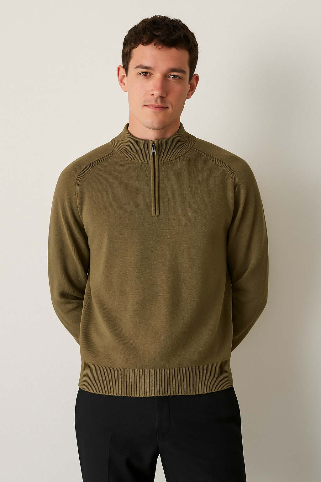 Sweatshirt Homme À Demi Zip En Laine Mélangée, Coupe Regular, Ourlets Côtelés, Doux et Chaud Pour Temps Froids