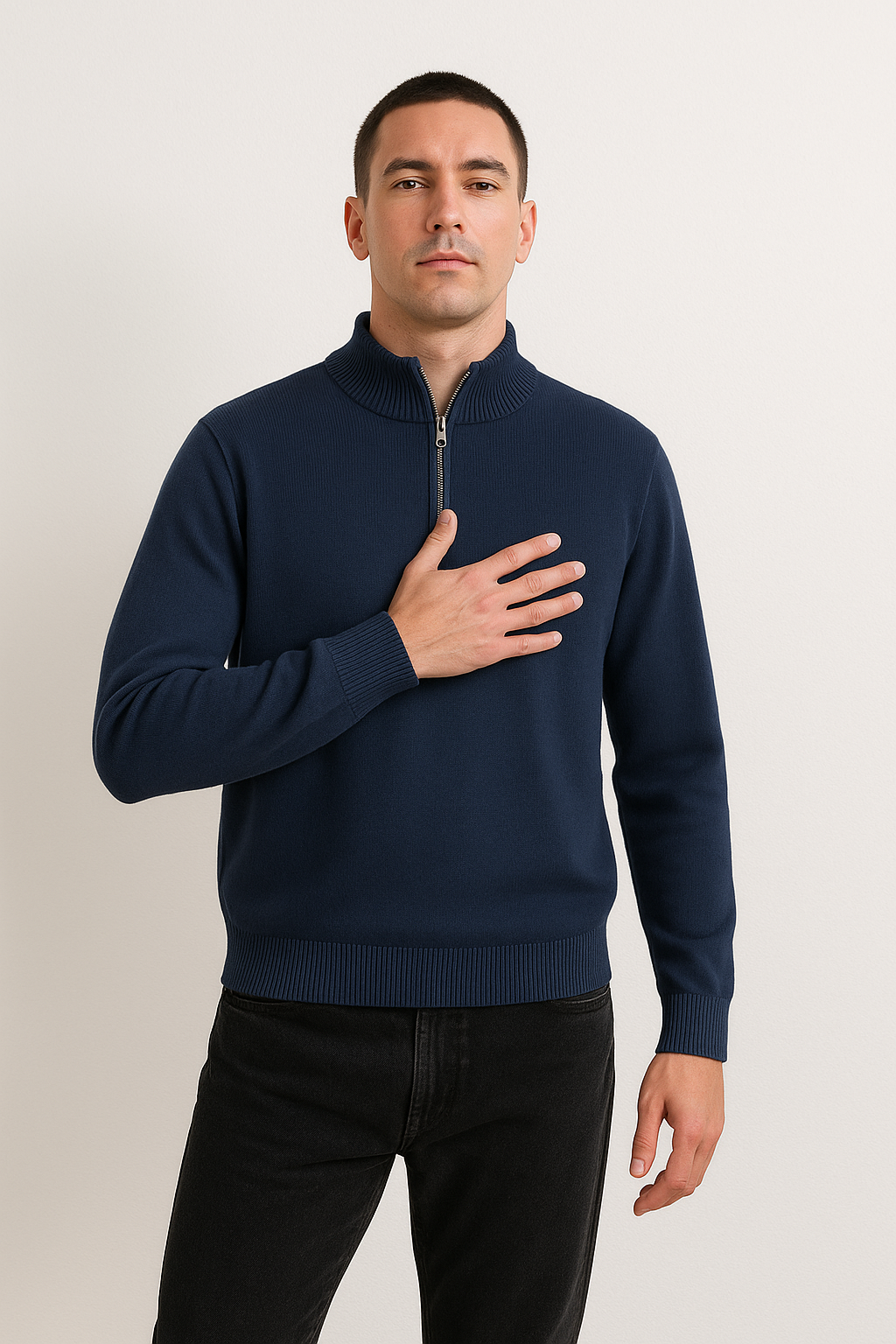 Sweatshirt Homme À Demi Zip En Laine Mélangée, Coupe Regular, Ourlets Côtelés, Doux et Chaud Pour Temps Froids