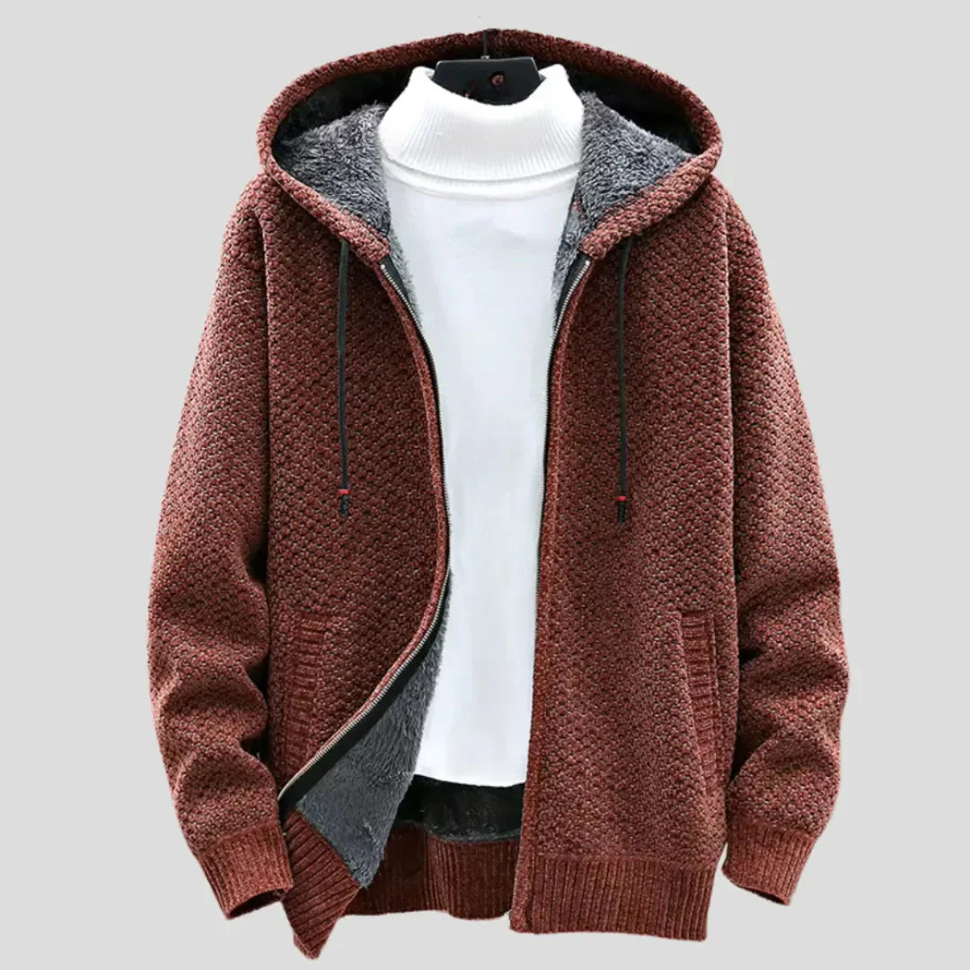 Sweat À Capuche Homme En Polaire Tricot Zip Doublure Pelucheuse Extérieur Fermeture Éclair Complète Coupe Décontractée