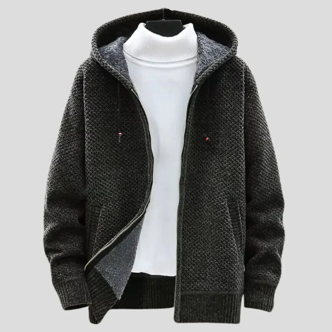 Sweat À Capuche Homme En Polaire Tricot Zip Doublure Pelucheuse Extérieur Fermeture Éclair Complète Coupe Décontractée