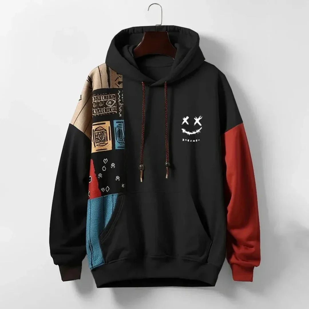 Sweat À Capuche Pour Homme Multicolore Patchwork Graphique Logo Souriant Brodé Polyester Mélangé Streetwear Confort