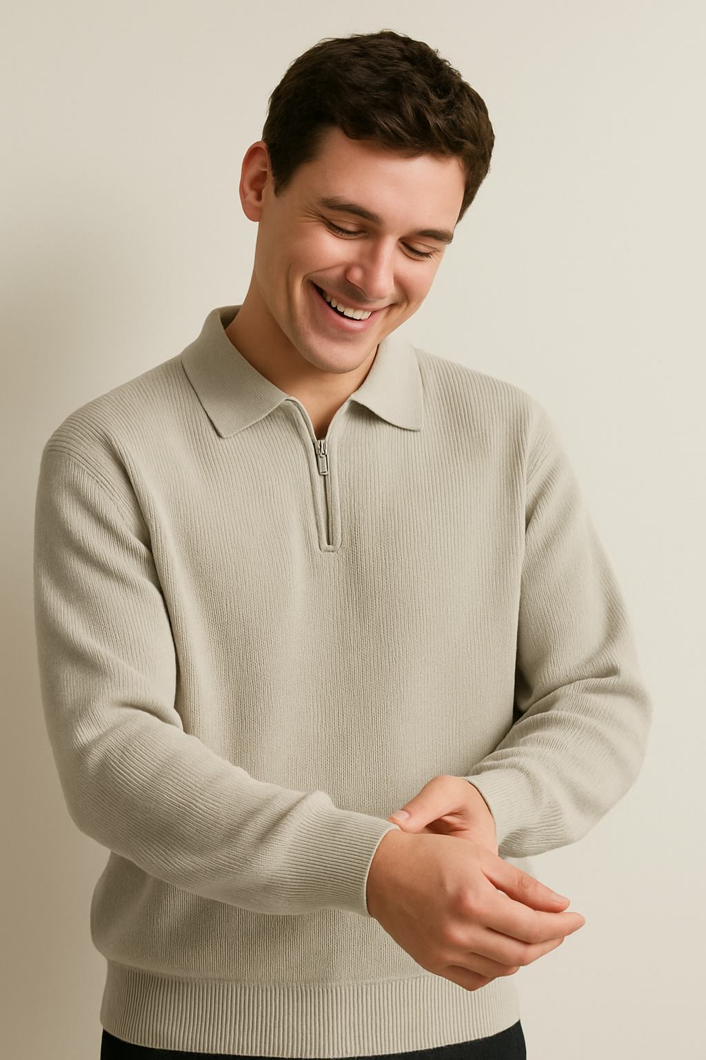 Amawinc Sweatshirt Homme Col Zippé À Demi Tricot Doux Coupe Décontractée Avec Bordures Côtelées Pull
