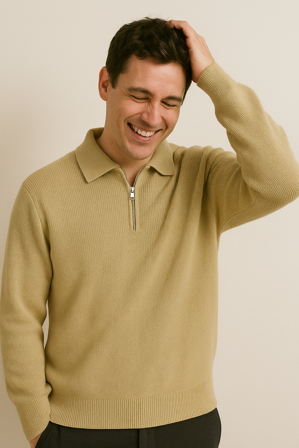 Amawinc Sweatshirt Homme Col Zippé À Demi Tricot Doux Coupe Décontractée Avec Bordures Côtelées Pull