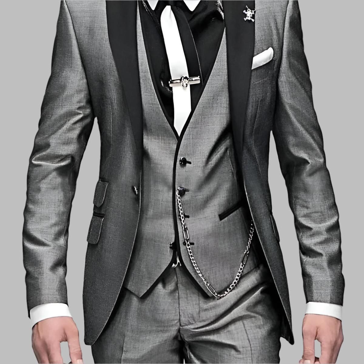 Costume De Mariage Trois Pièces Homme Luxueux Vert Émeraude Revers Noirs Et Détails En Chaîne Argentée