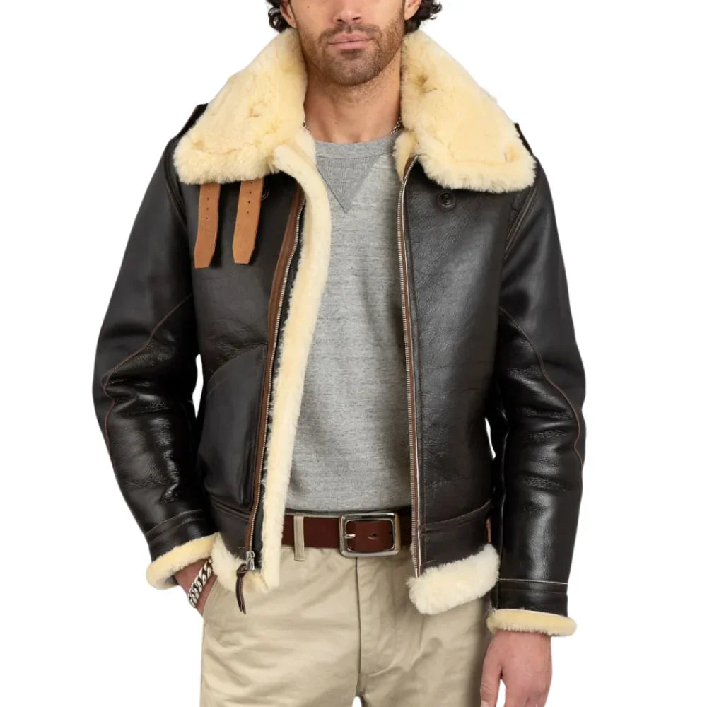Henry Veste Bomber B3 Homme En Peau De Mouton Marron Véritable Doublure Australienne Cuir Vachette Tanné Végétal