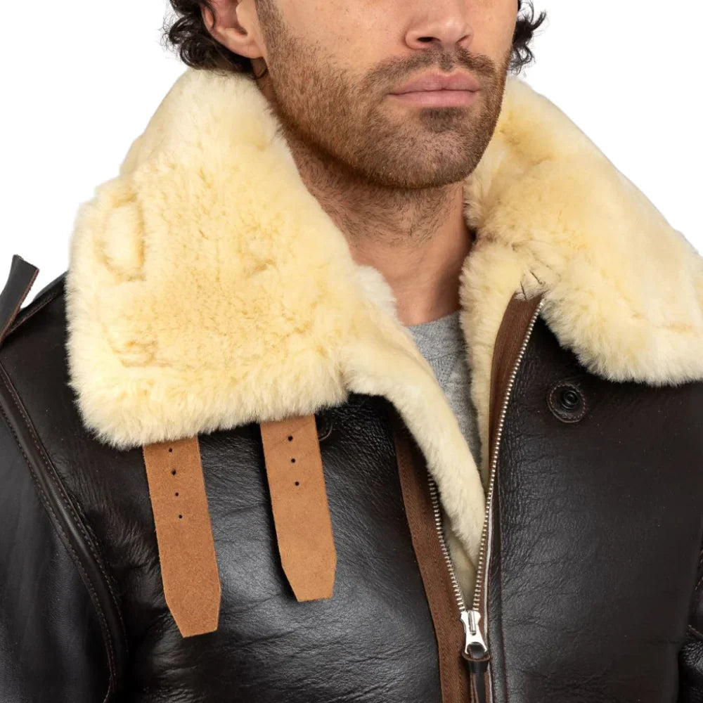 Henry Veste Bomber B3 Homme En Peau De Mouton Marron Véritable Doublure Australienne Cuir Vachette Tanné Végétal