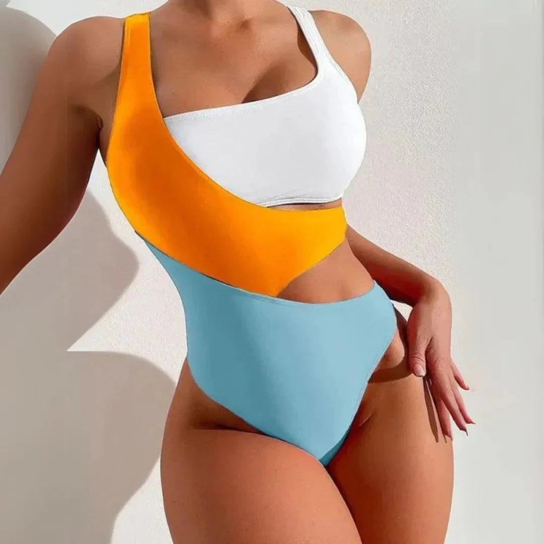 Maillot De Bain Monokini Colorblock À Une Épaule Avec Ouverture À La Taille Sporty Chic