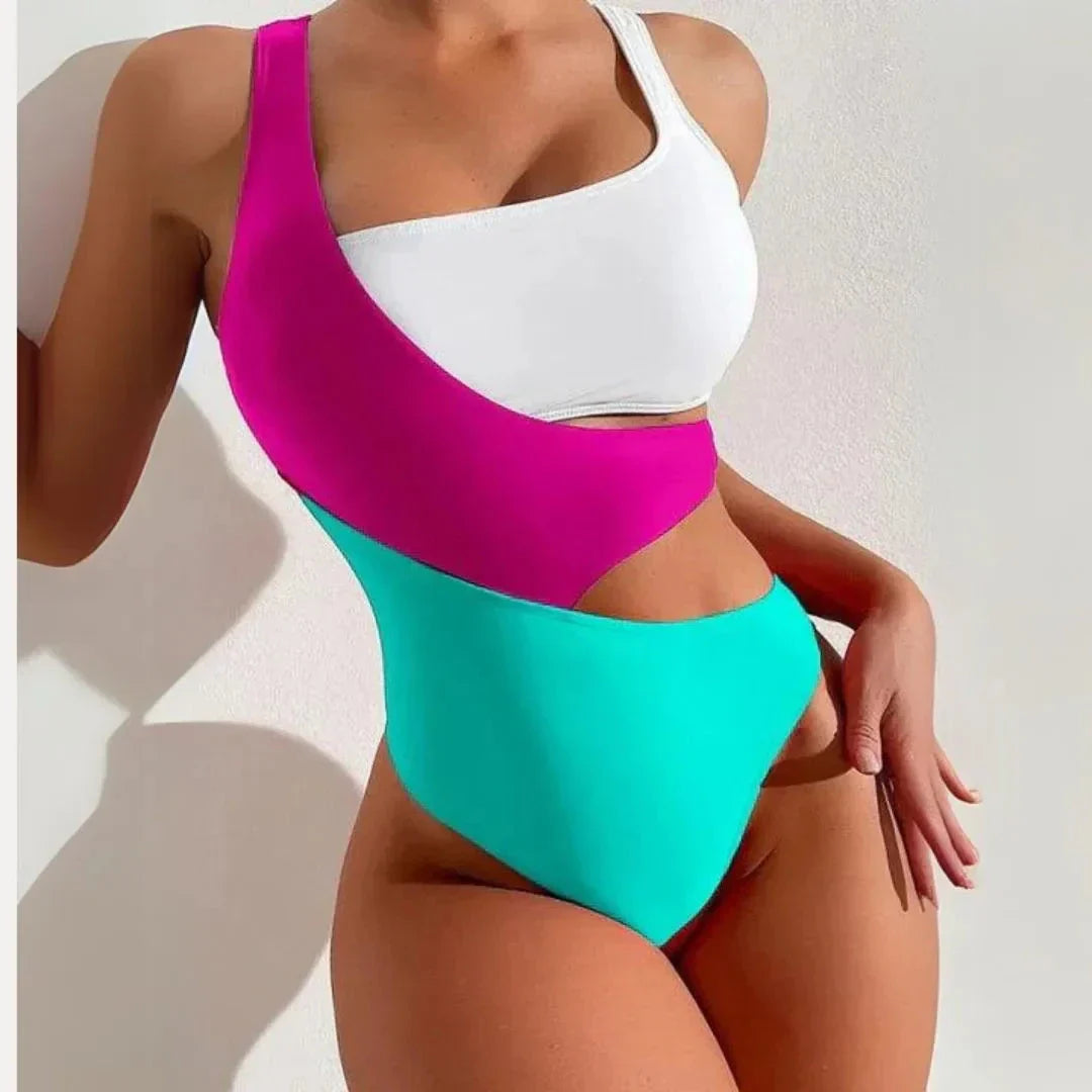 Maillot De Bain Monokini Colorblock À Une Épaule Avec Ouverture À La Taille Sporty Chic