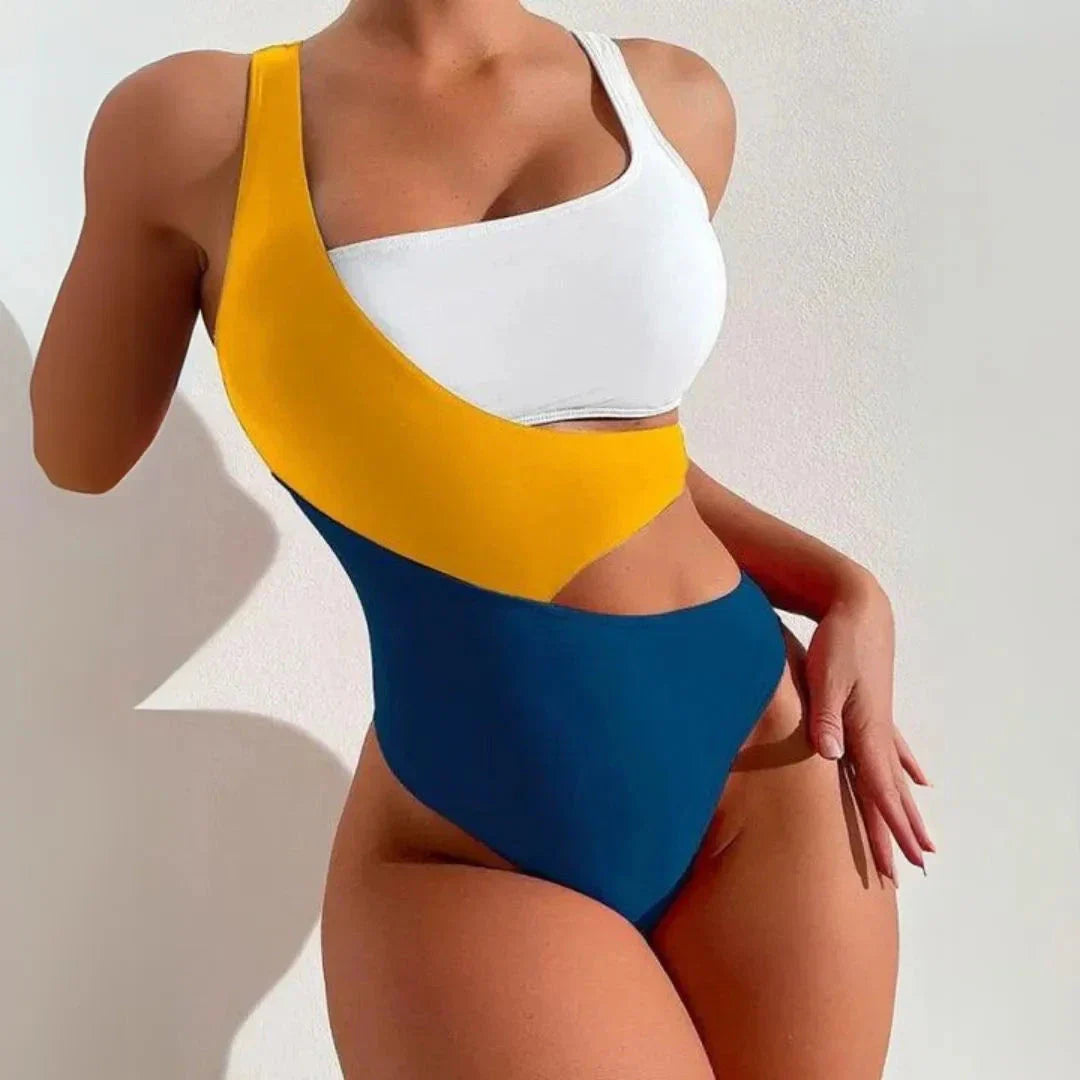 Maillot De Bain Monokini Colorblock À Une Épaule Avec Ouverture À La Taille Sporty Chic