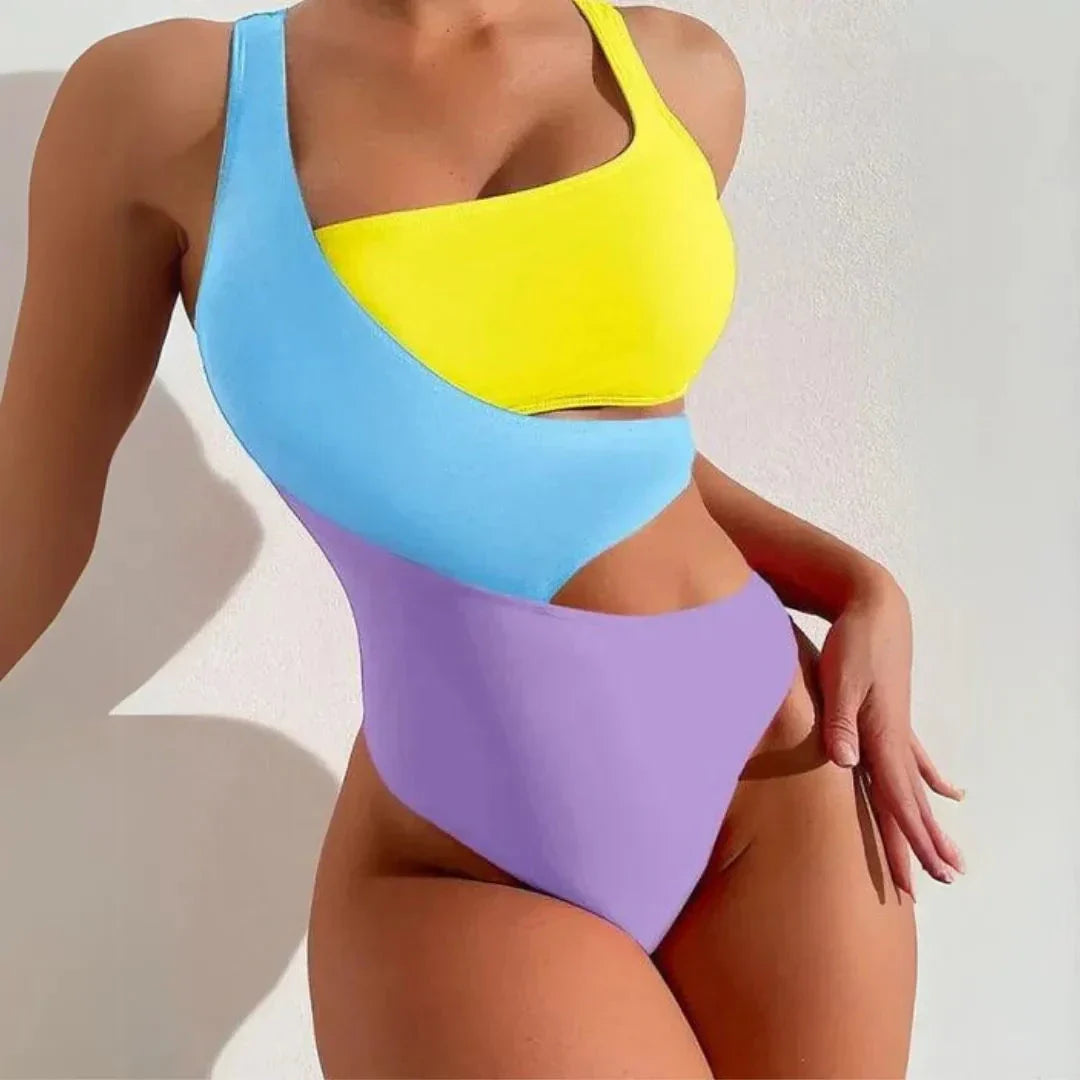 Maillot De Bain Monokini Colorblock À Une Épaule Avec Ouverture À La Taille Sporty Chic