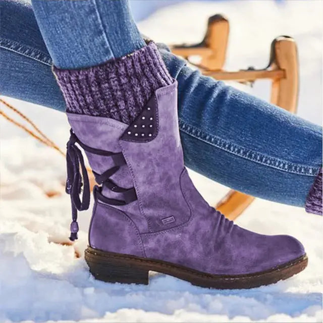 Bottes Mi Mollet Strass Pour Femmes Chic Et Chaudes En Six Couleurs Rouge Noir Violet Bleu Kaki Gris