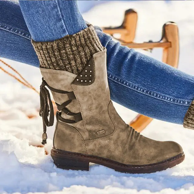 Bottes Mi Mollet Strass Pour Femmes Chic Et Chaudes En Six Couleurs Rouge Noir Violet Bleu Kaki Gris
