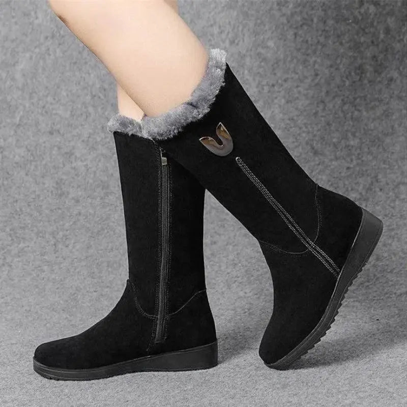 Bottes Mi Mollet En Suède Pour Femme Chaudes Et Élégantes Avec Doublure En Velours Et Semelle Antidérapante