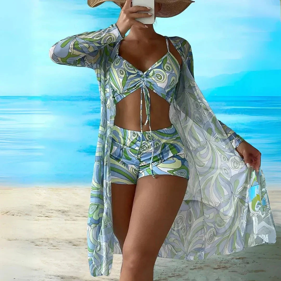 Ensemble Bikini Mika Imprimé Style Rétro 3 Pièces Avec Haut Ruché À Cordon Short Taille Haute Et Voile Long Transparent