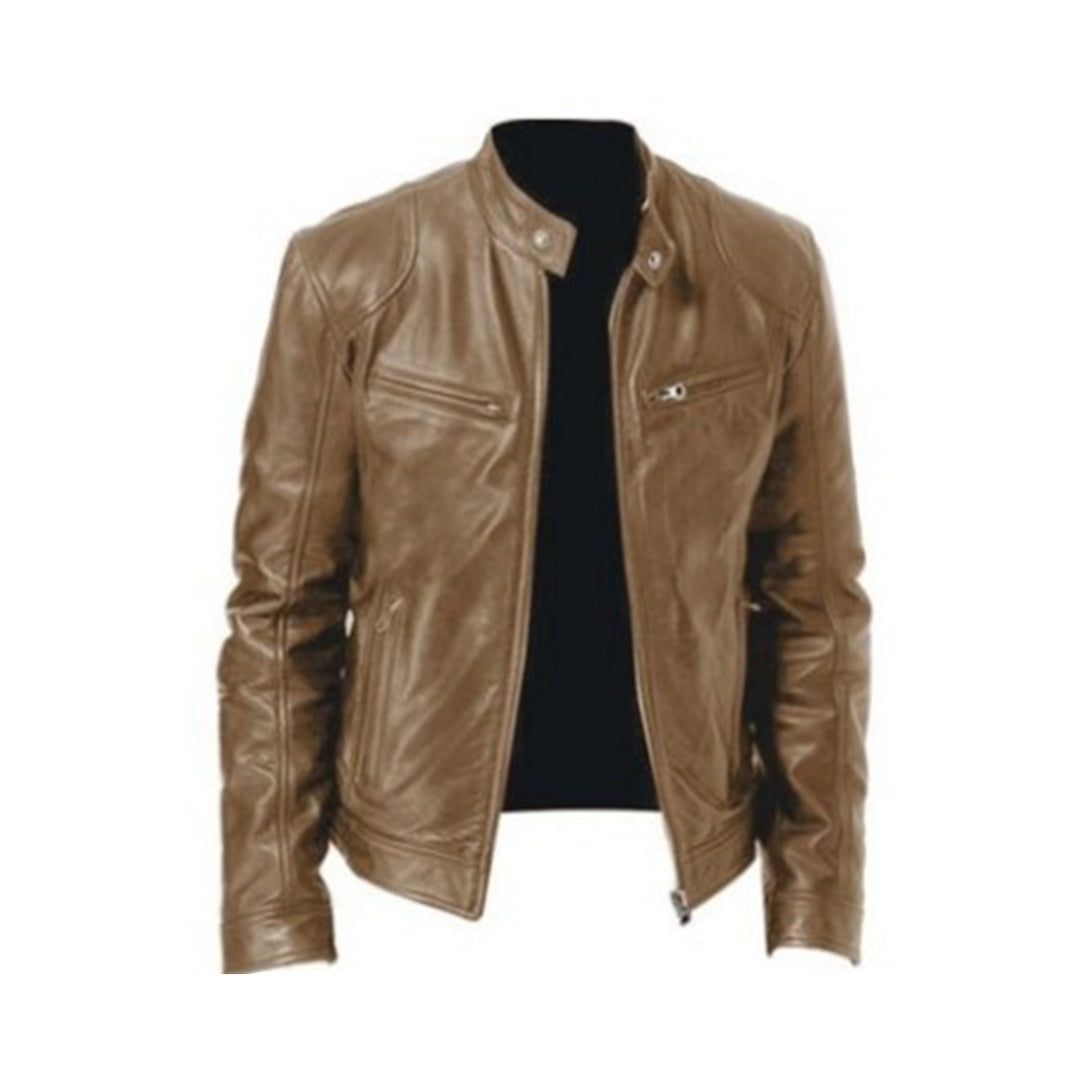 Veste Moto En Cuir Pour Homme Slim Fit Col Montant Zip Ajustable Poignets Premium Noir