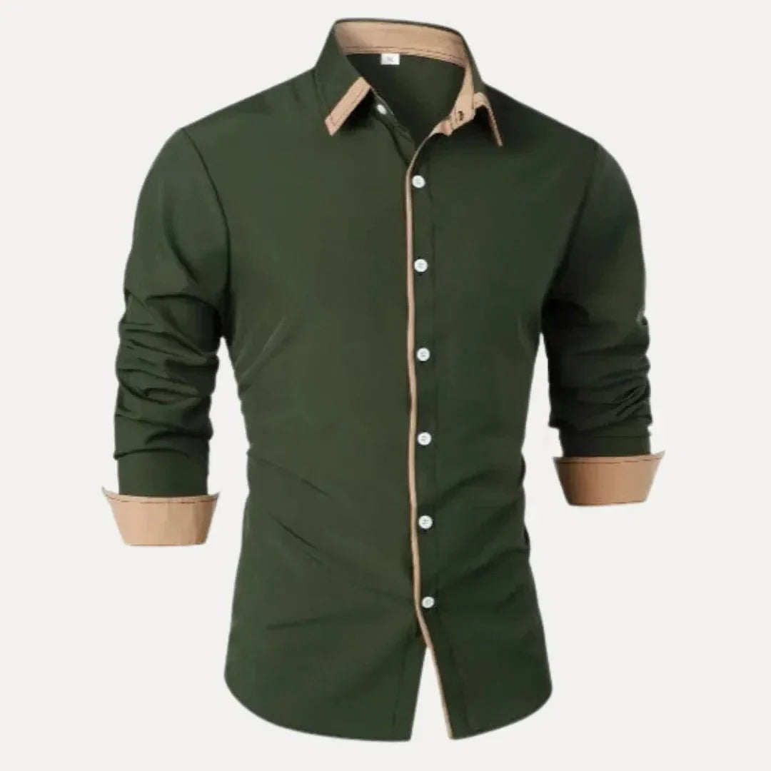 Milo Chemise Homme À Manches Longues Contrast Plastron Tan Col Boutonné Et Bordure Des Poignets Coupe Slim