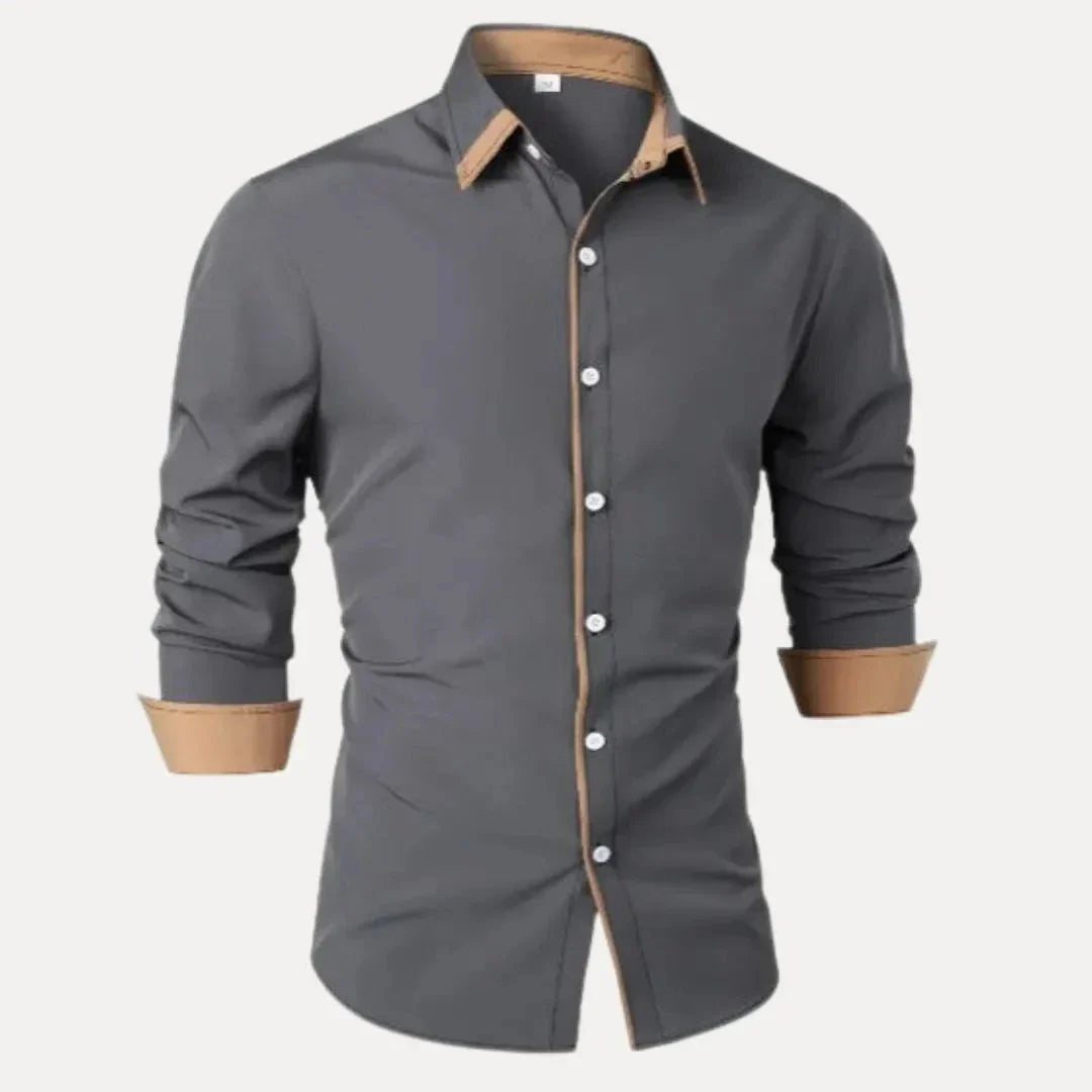 Milo Chemise Homme À Manches Longues Contrast Plastron Tan Col Boutonné Et Bordure Des Poignets Coupe Slim