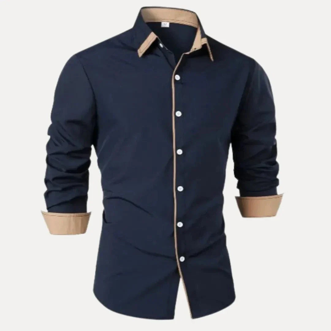 Milo Chemise Homme À Manches Longues Contrast Plastron Tan Col Boutonné Et Bordure Des Poignets Coupe Slim