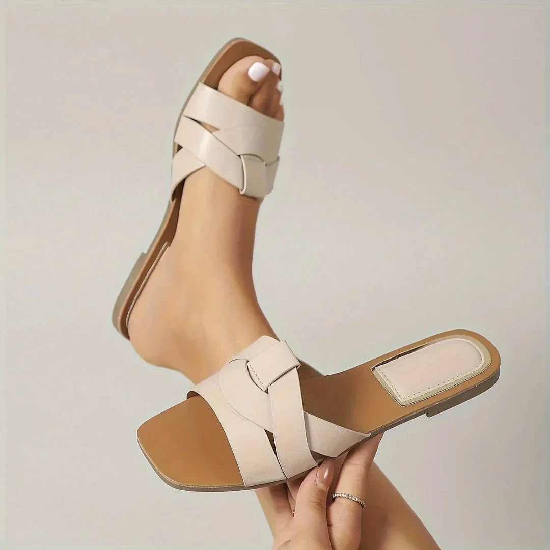Mitch Sandales Plates À Bout Carré Pour Femme En PU Semelle Rembourrée Confort Slip On Design À Brides Été Plage