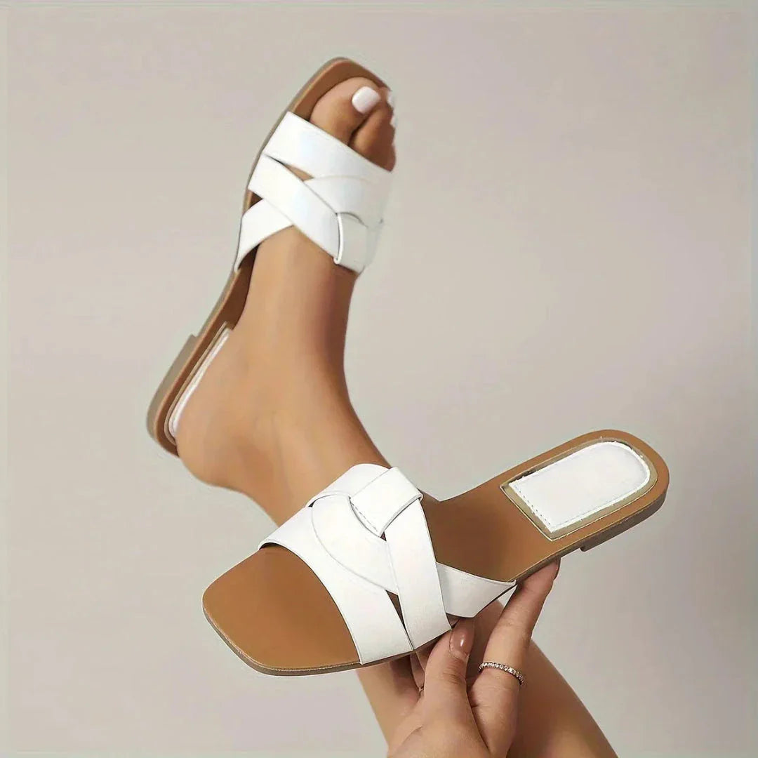 Mitch Sandales Plates À Bout Carré Pour Femme En PU Semelle Rembourrée Confort Slip On Design À Brides Été Plage