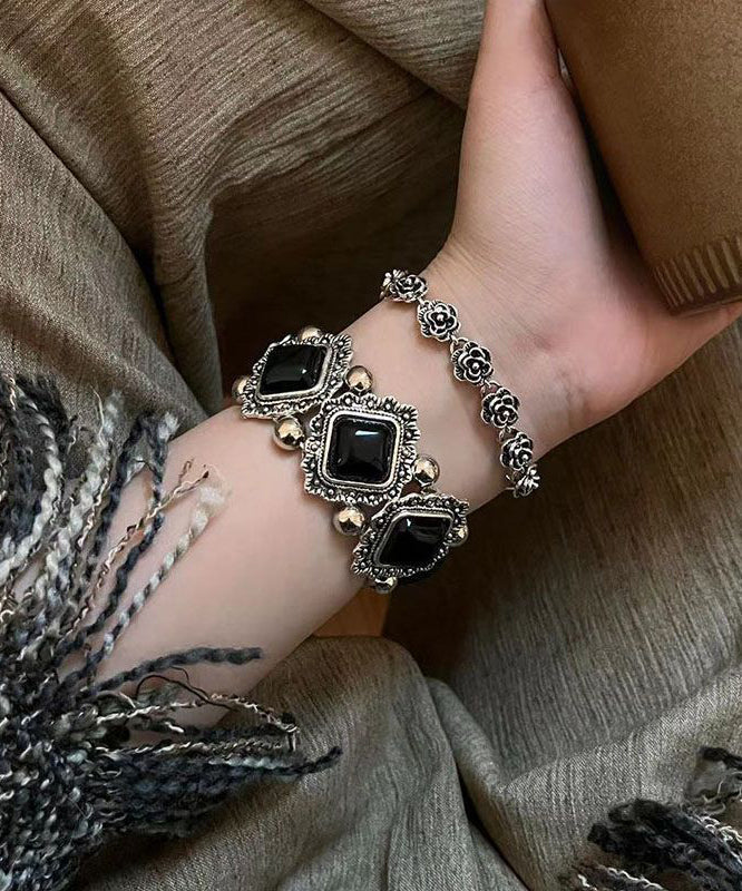 Bracelet moderne en argent sterling noir avec pierres précieuses et motif floral, deux pièces - Amawinc
