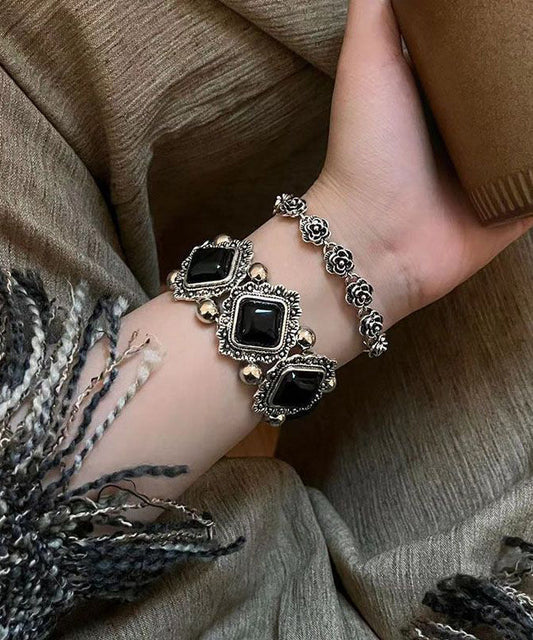 Bracelet moderne en argent sterling noir avec pierres précieuses et motif floral, deux pièces - Amawinc