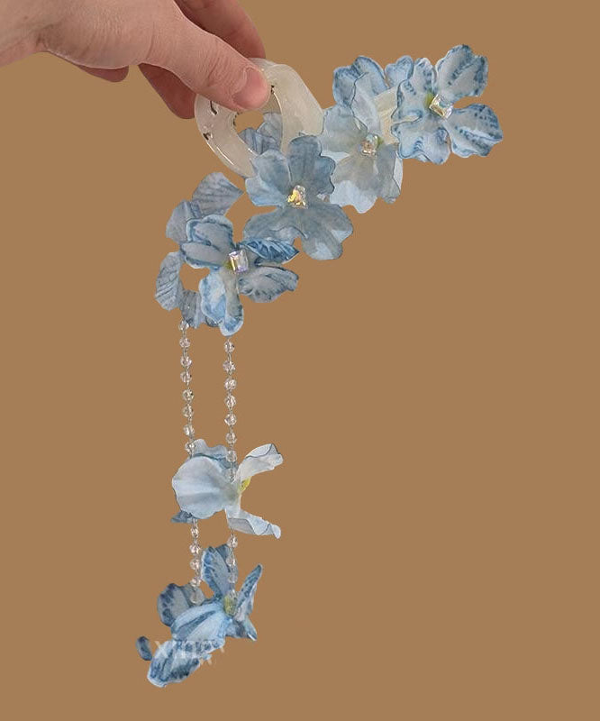 Épingle à cheveux moderne en alliage bleu avec perles florales et pompon - Amawinc