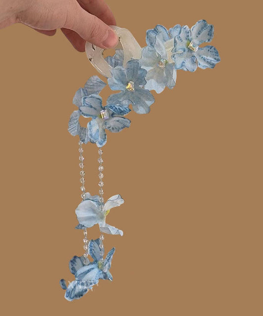 Épingle à cheveux moderne en alliage bleu avec perles florales et pompon - Amawinc