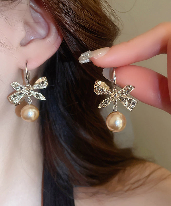 Boucles d'oreilles pendantes modernes en alliage de cuivre et zircon, avec perles et nœud en forme de nœud, couleur champagne - Amawinc