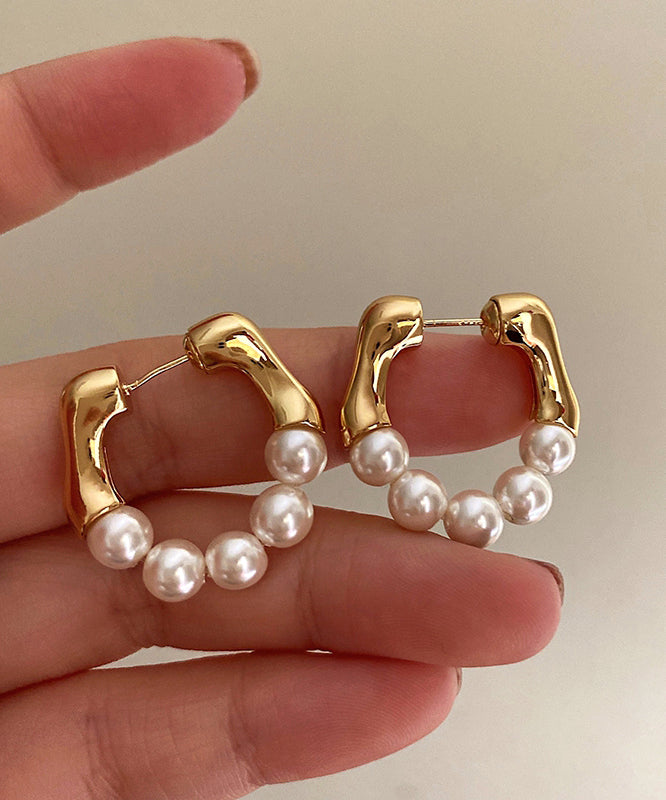 Boucles d'oreilles créoles modernes en alliage de cuivre et or avec perles - Amawinc