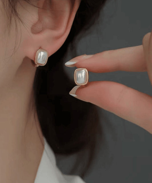Boucles d'oreilles créoles modernes en alliage de cuivre doré et perles carrées - Amawinc