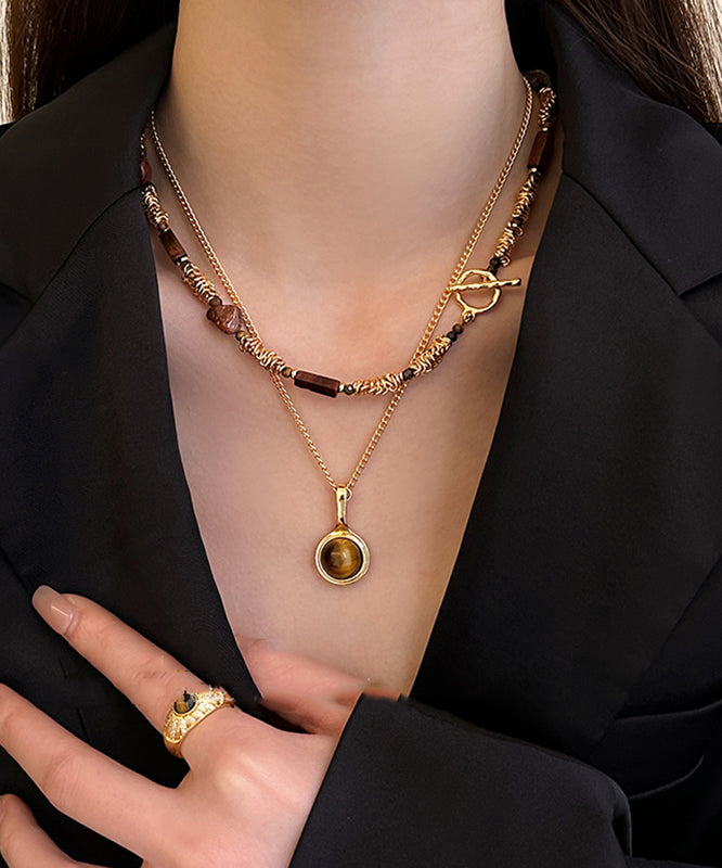 Ensemble de deux colliers modernes avec pendentif en pierre œil de tigre en alliage de cuivre doré - Amawinc
