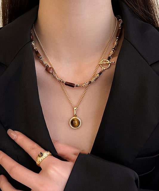 Ensemble de deux colliers modernes avec pendentif en pierre œil de tigre en alliage de cuivre doré - Amawinc