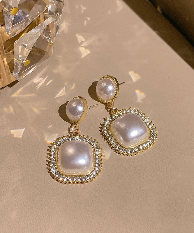 Boucles d'oreilles pendantes modernes en alliage de cuivre doré et perles de zircon - Amawinc