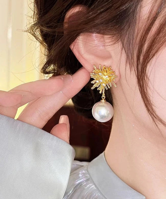 Boucles d'oreilles pendantes modernes en alliage de métal doré et zircon avec perles et feux d'artifice - Amawinc