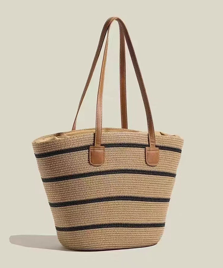 Sac fourre-tout moderne en paille tissée à rayures kaki de grande capacité - Amawinc