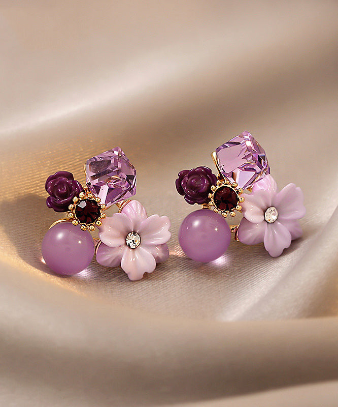 Boucles d'oreilles à tige modernes en argent surdoré violet et cristal - Amawinc