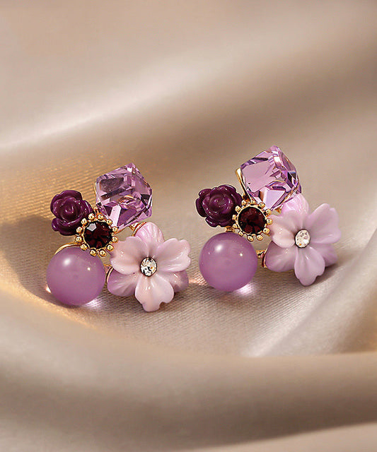 Boucles d'oreilles à tige modernes en argent surdoré violet et cristal - Amawinc