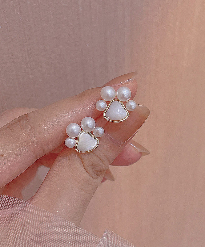 Boucles d'oreilles puces modernes en alliage de cuivre blanc, perle et coquillage, en forme de patte de chat - Amawinc